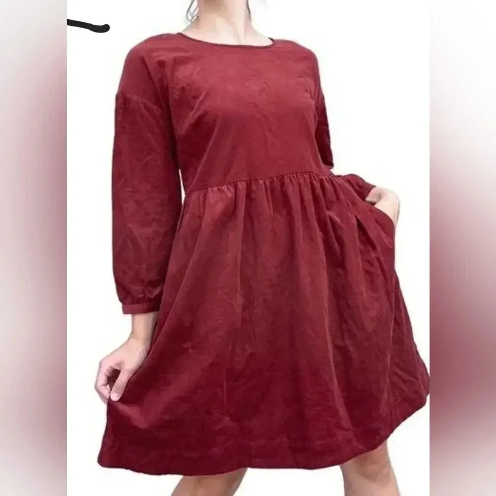 Madewell Burgundy Long-Sleeve Babydoll Dress